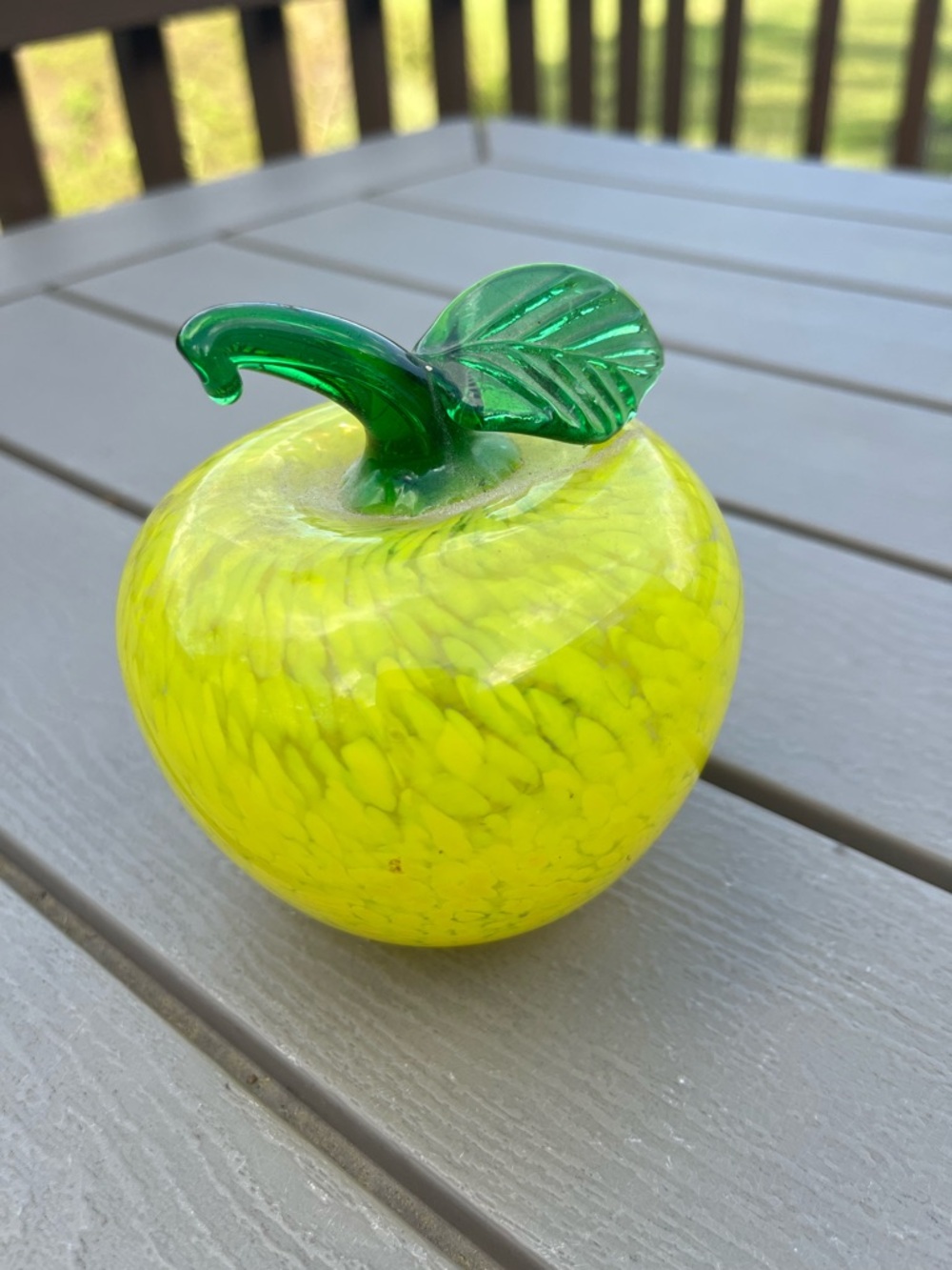 Vtg Hand Blown Glass Yellow Green Splatter Apple Paperweight
